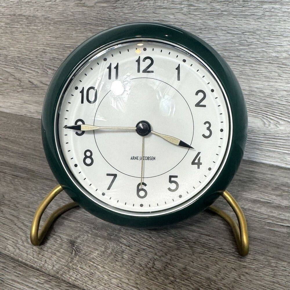 Arne Jacobsen Danish Station Clock Lighted Alarm Clock w/Snooze Green Gold